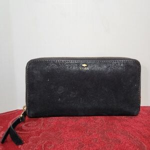 Fossil Black Suede Leather Zip Up Bifold Wallet
